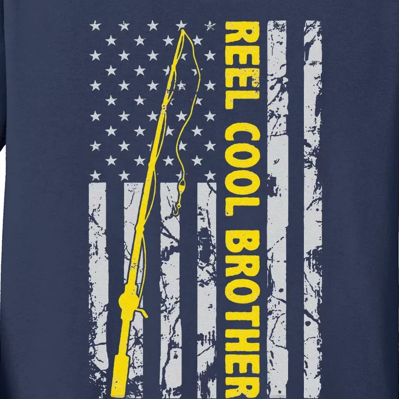 Reel Cool Brother Fishing American USA Flag Gift For Brother Gift Kids Long Sleeve Shirt