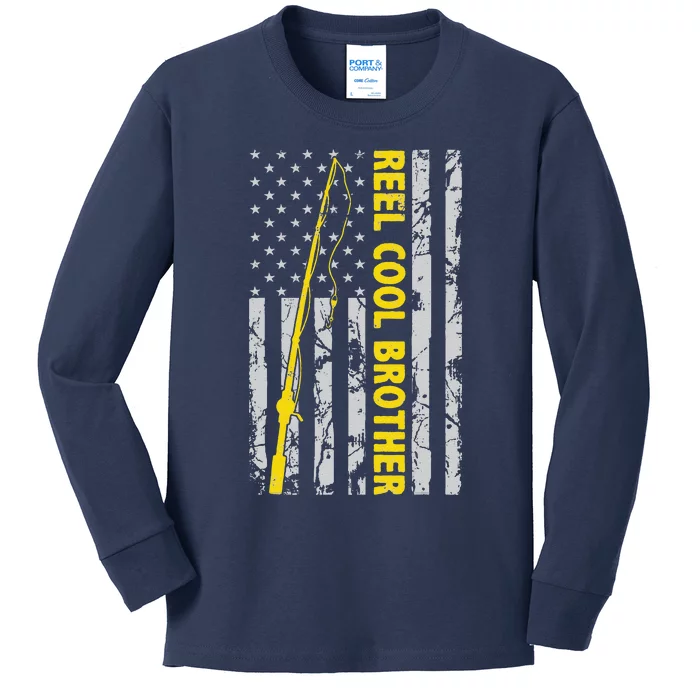 Reel Cool Brother Fishing American USA Flag Gift For Brother Gift Kids Long Sleeve Shirt