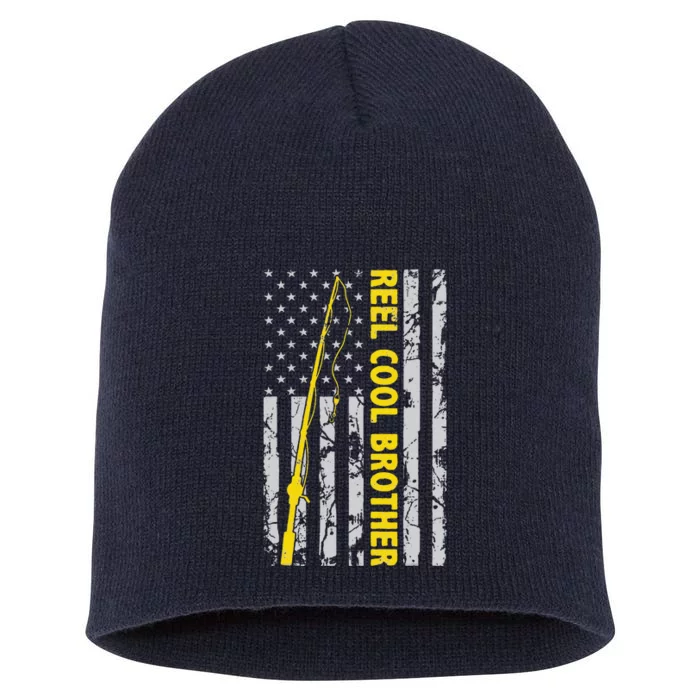 Reel Cool Brother Fishing American USA Flag Gift For Brother Gift Short Acrylic Beanie