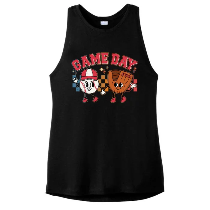 Retro Cartoon Baseball Game Day Ladies Tri-Blend Wicking Tank