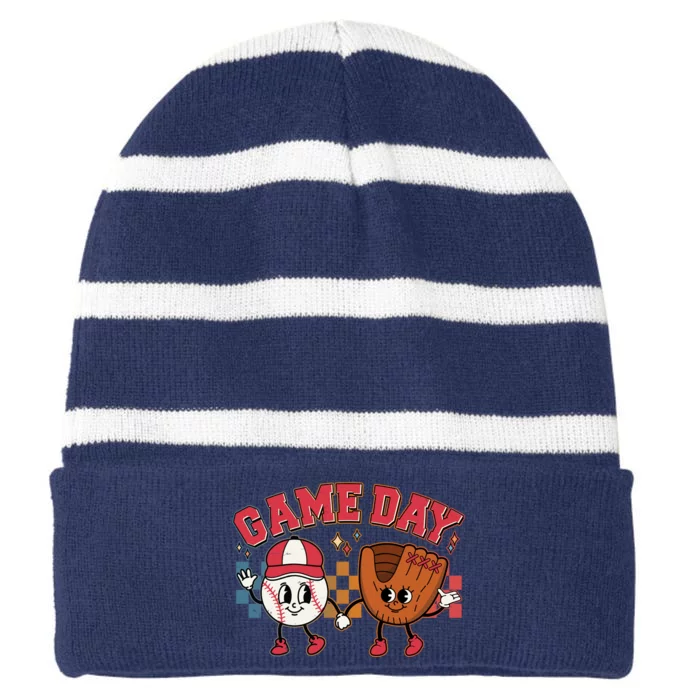 Retro Cartoon Baseball Game Day Striped Beanie with Solid Band