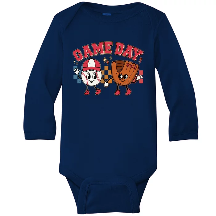 Retro Cartoon Baseball Game Day Baby Long Sleeve Bodysuit