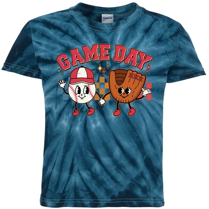 Retro Cartoon Baseball Game Day Kids Tie-Dye T-Shirt