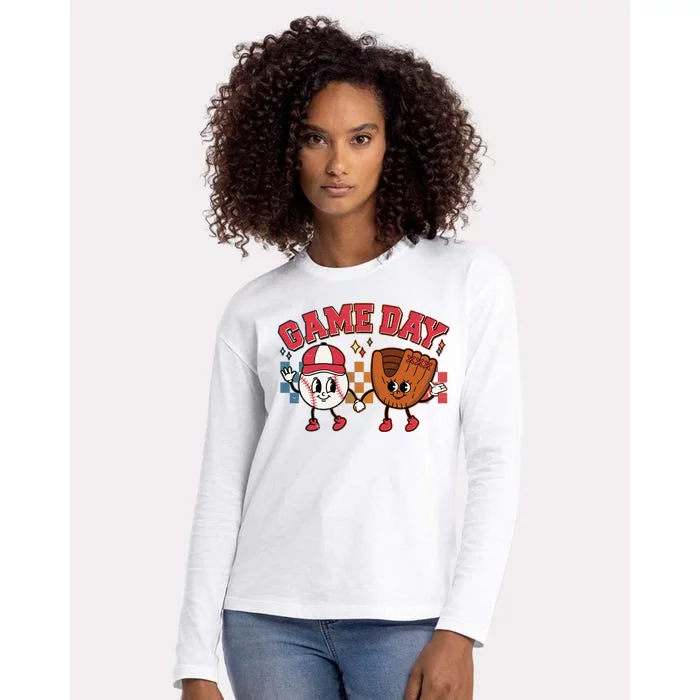 Retro Cartoon Baseball Game Day Womens Cotton Relaxed Long Sleeve T-Shirt