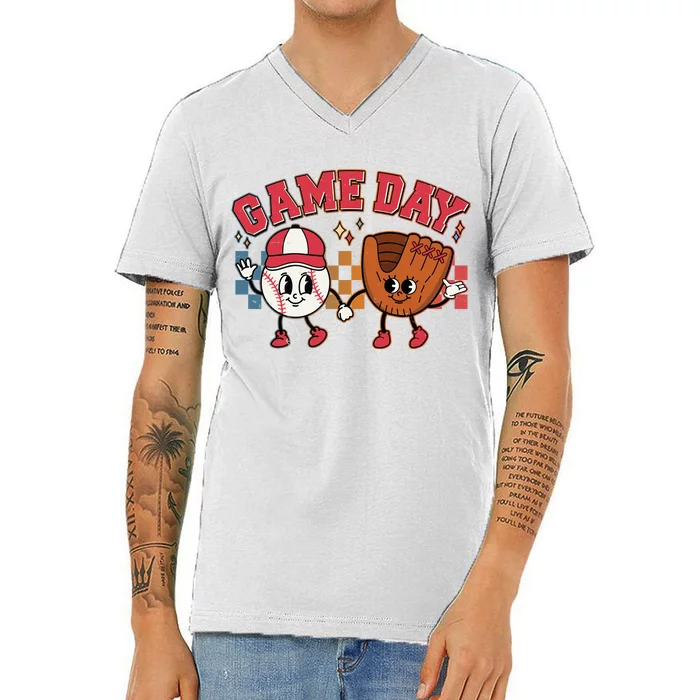 Retro Cartoon Baseball Game Day V-Neck T-Shirt