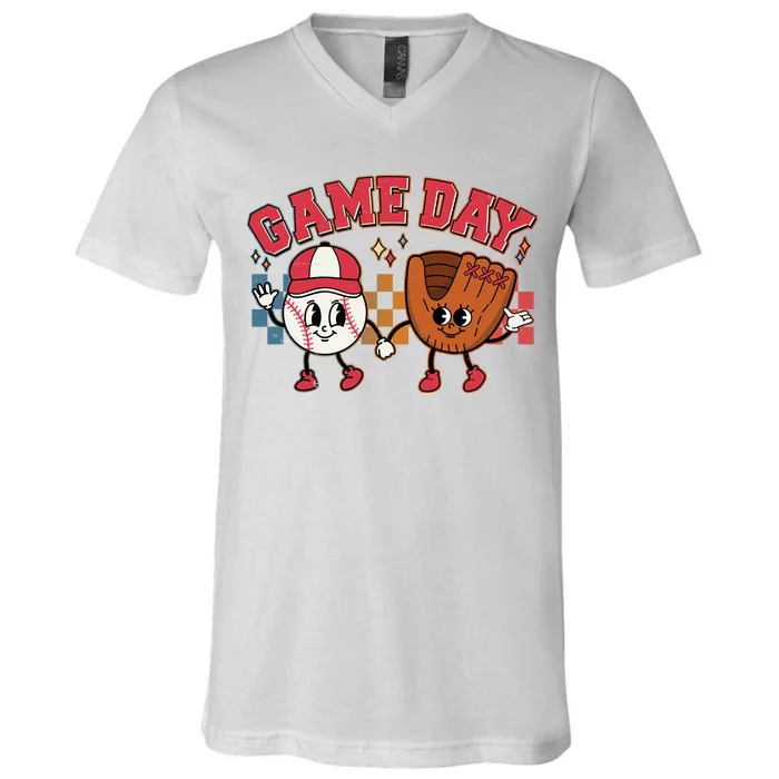 Retro Cartoon Baseball Game Day V-Neck T-Shirt