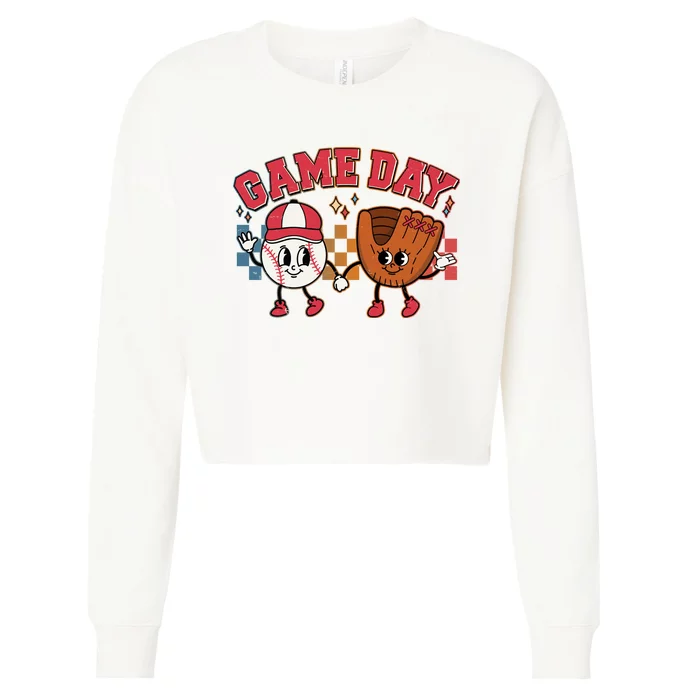 Retro Cartoon Baseball Game Day Cropped Pullover Crew