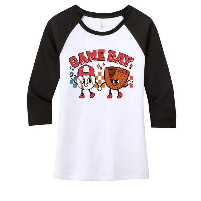 Retro Cartoon Baseball Game Day Women's Tri-Blend 3/4-Sleeve Raglan Shirt