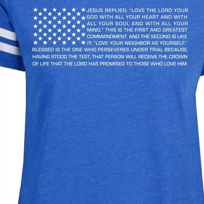 Religious Christianity Bible Verse USA American Flag Enza Ladies Jersey Football T-Shirt