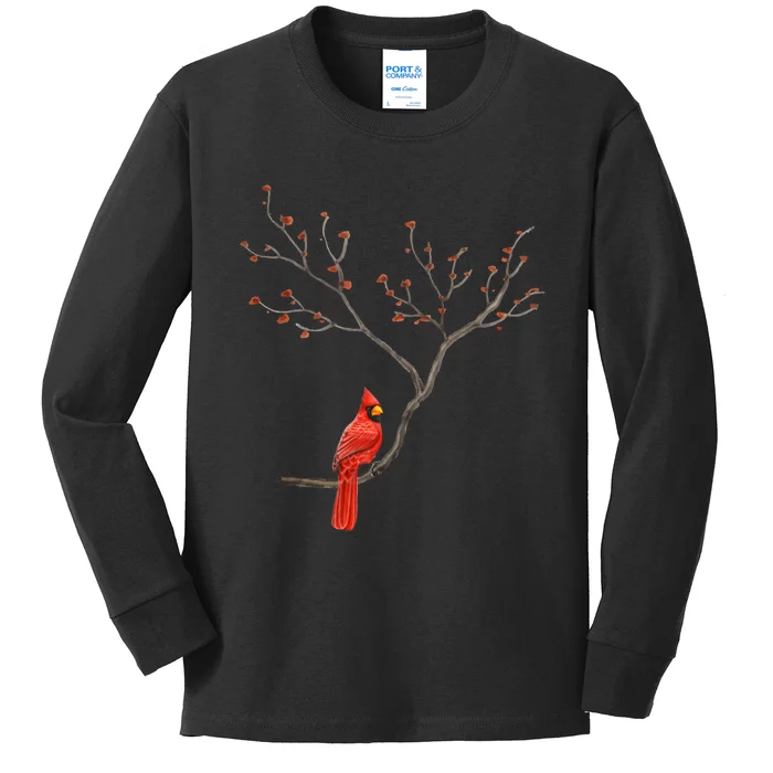 Red Cardinal Bird Lovers Birdwatching Birding Vintage Kids Long Sleeve Shirt