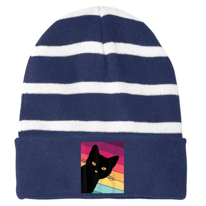 Retro Ca, Black Cat, Vintage Cat Striped Beanie with Solid Band