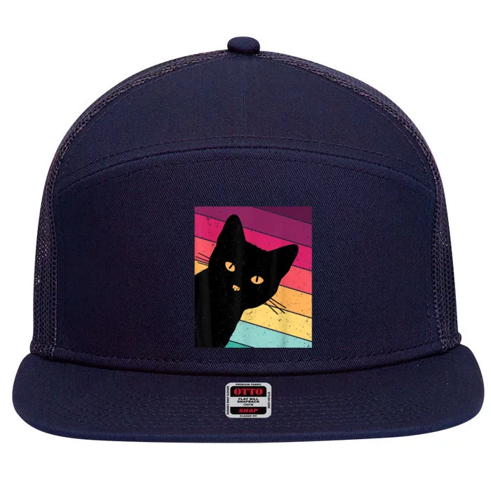 Retro Ca, Black Cat, Vintage Cat 7 Panel Mesh Trucker Snapback Hat