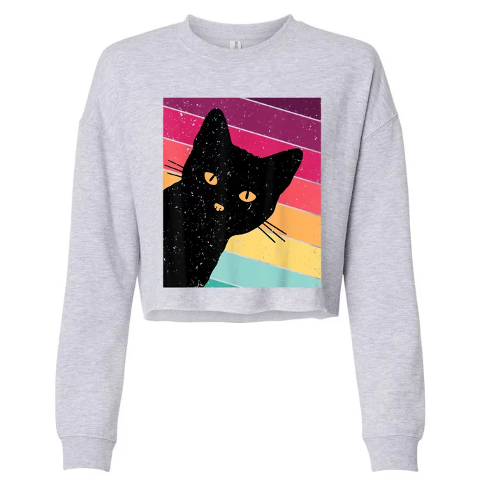 Retro Ca, Black Cat, Vintage Cat Cropped Pullover Crew