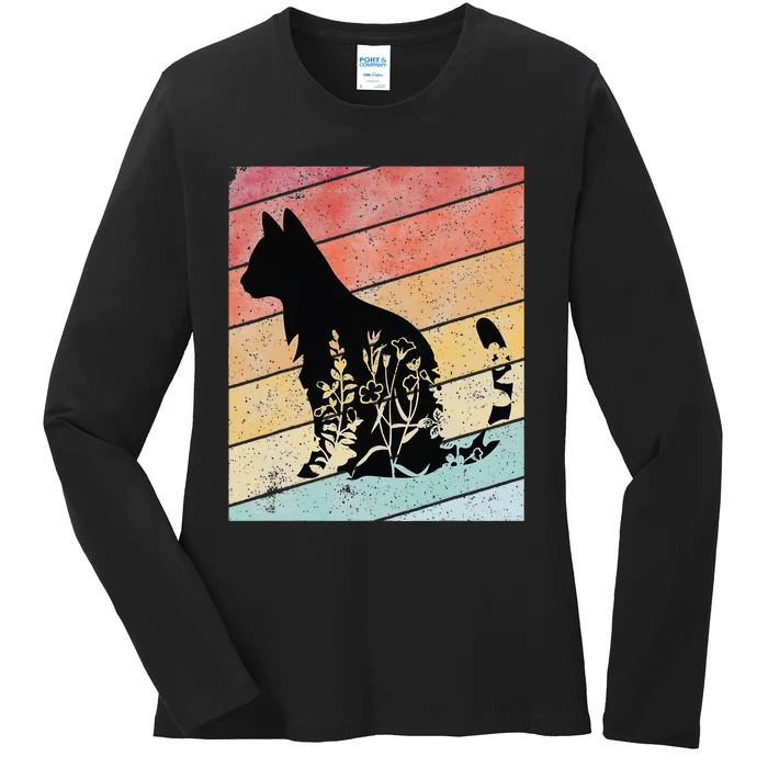 Retro Cat Black Cat Vintage Cat Ladies Long Sleeve Shirt