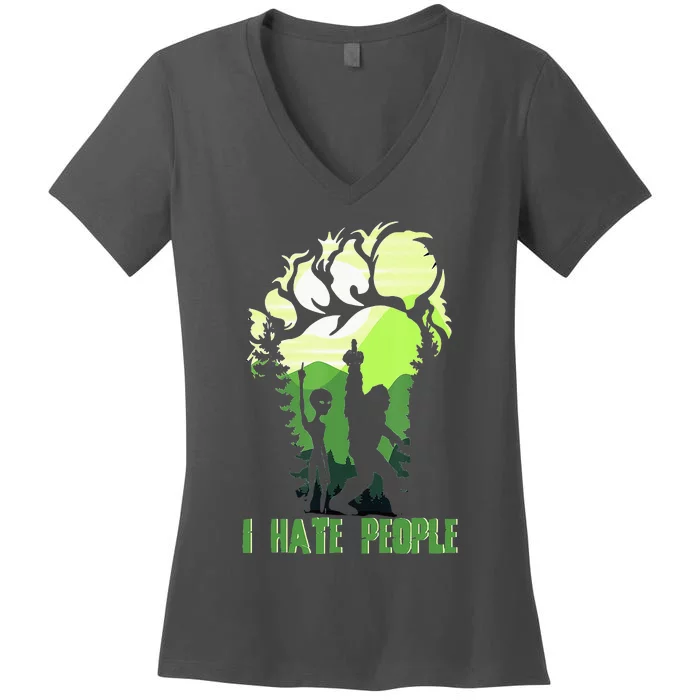 Retro Camping Bigfoot Sasquatch Middle Finger I Hate People Women's V-Neck T-Shirt