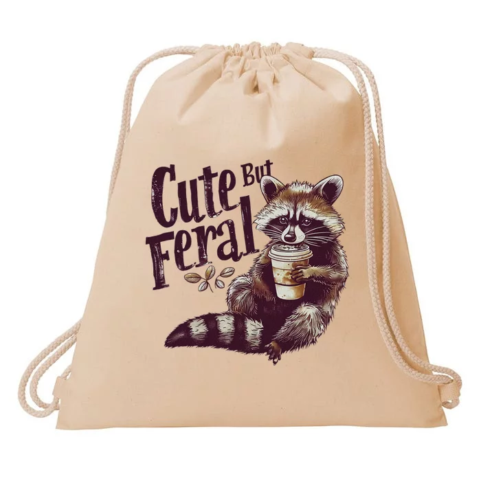 Raccoon Cute But Feral Vintage Raccoon Funny Loves Coffee Drawstring Bag