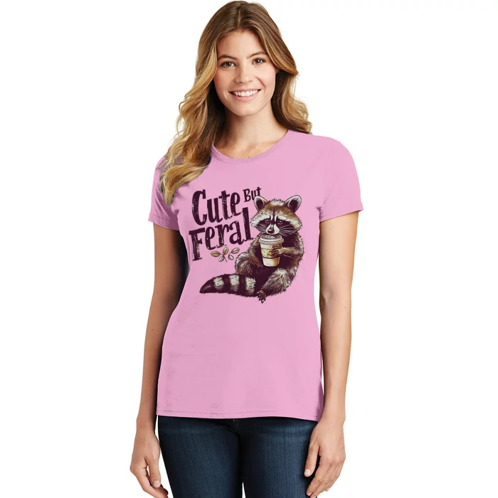 Raccoon Cute But Feral Vintage Raccoon Funny Loves Coffee Women's T-Shirt