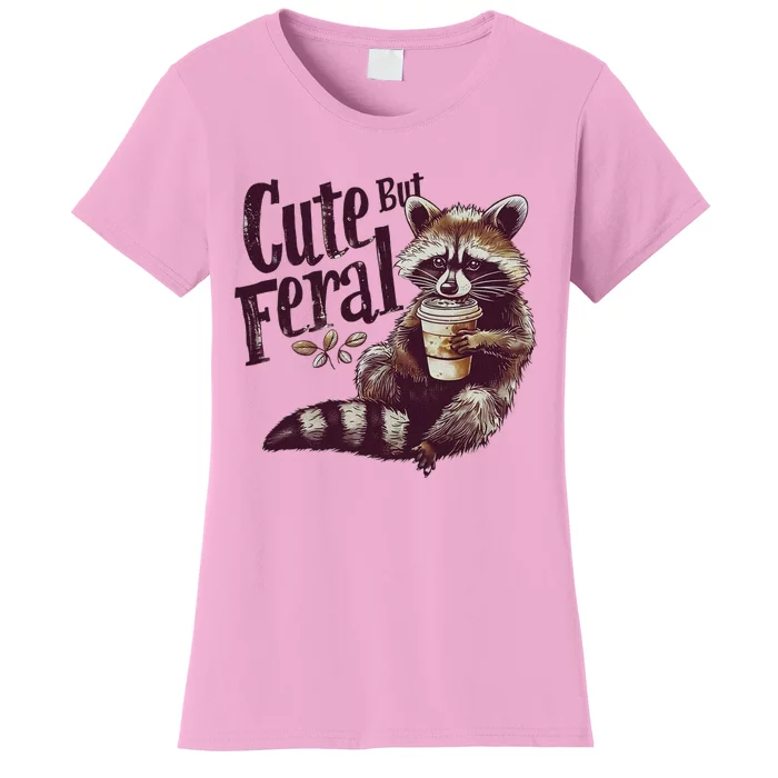 Raccoon Cute But Feral Vintage Raccoon Funny Loves Coffee Women's T-Shirt