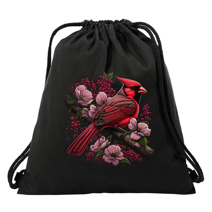 Red Cardinal Bird And Pink Flowering Dogwood Blossoms Drawstring Bag