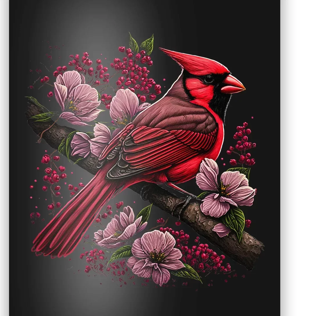 Red Cardinal Bird And Pink Flowering Dogwood Blossoms Poster