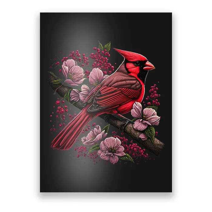 Red Cardinal Bird And Pink Flowering Dogwood Blossoms Poster