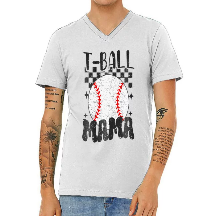 Retro Checkered Ball Mama T Ball Mom Sports Mothers Day V-Neck T-Shirt