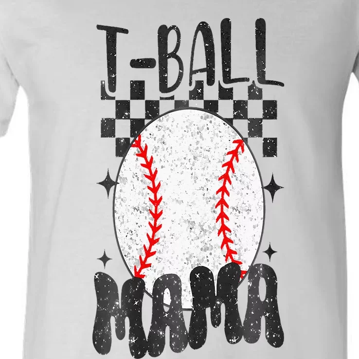 Retro Checkered Ball Mama T Ball Mom Sports Mothers Day V-Neck T-Shirt