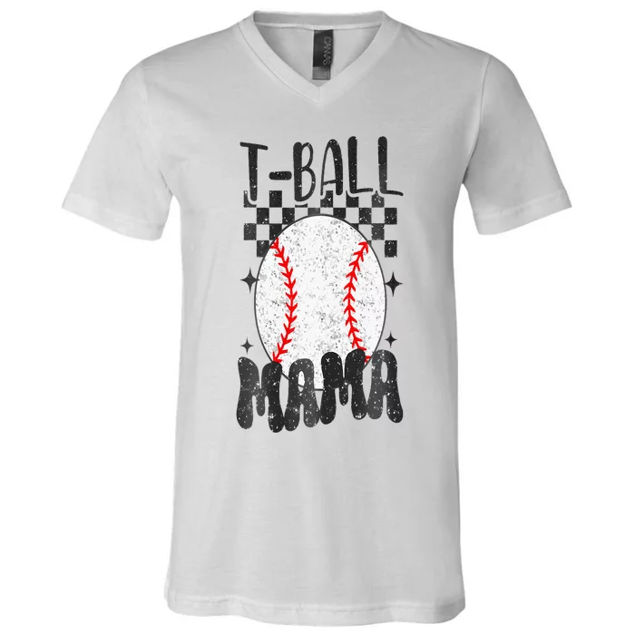 Retro Checkered Ball Mama T Ball Mom Sports Mothers Day V-Neck T-Shirt