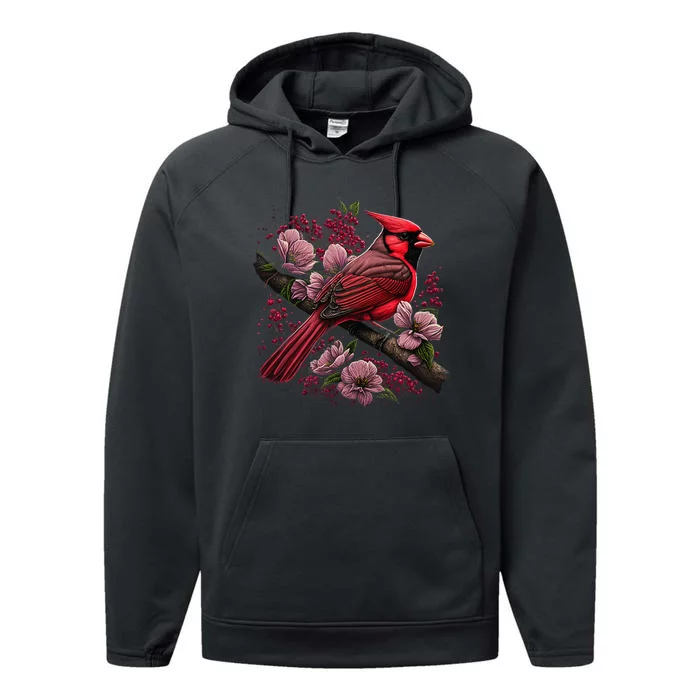 Red Cardinal Bird And Pink Flowering Dogwood Blossoms Performance Fleece Hoodie