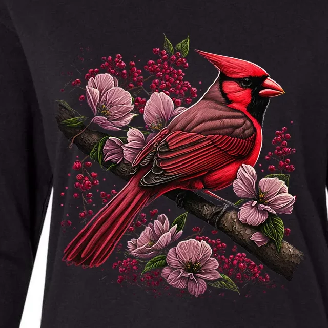 Red Cardinal Bird And Pink Flowering Dogwood Blossoms Womens Cotton Relaxed Long Sleeve T-Shirt