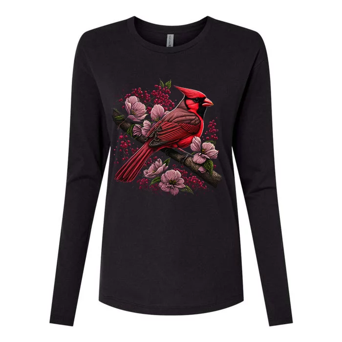 Red Cardinal Bird And Pink Flowering Dogwood Blossoms Womens Cotton Relaxed Long Sleeve T-Shirt