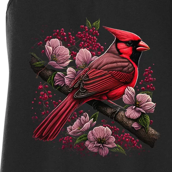 Red Cardinal Bird And Pink Flowering Dogwood Blossoms Women's Racerback Tank