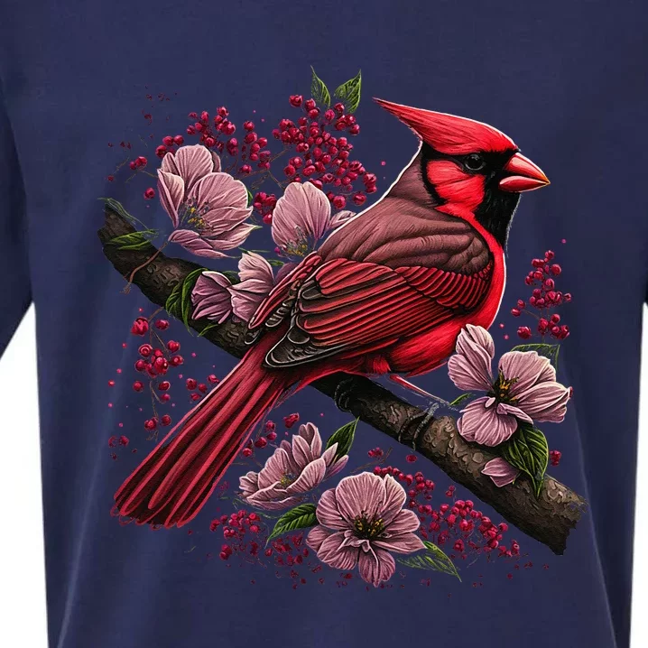 Red Cardinal Bird And Pink Flowering Dogwood Blossoms Sueded Cloud Jersey T-Shirt