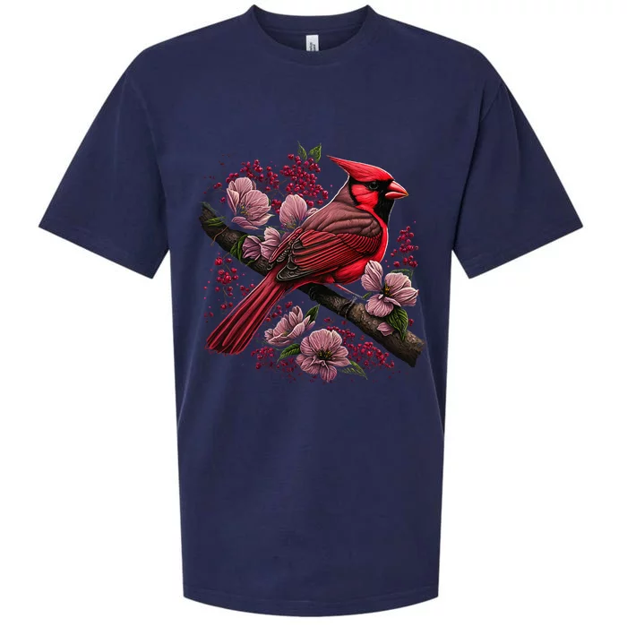 Red Cardinal Bird And Pink Flowering Dogwood Blossoms Sueded Cloud Jersey T-Shirt