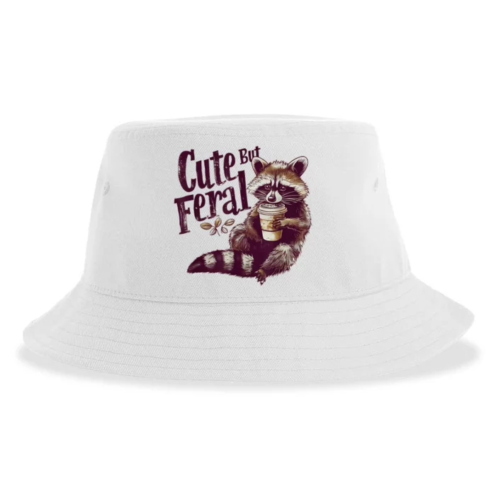 Raccoon Cute But Feral Vintage Raccoon Funny Loves Coffee Sustainable Bucket Hat