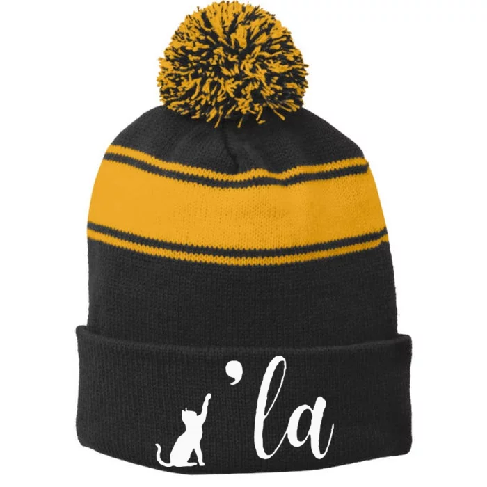 Retro Cat Comma La Kamala Harris For President 2024 Election Stripe Pom Pom Beanie