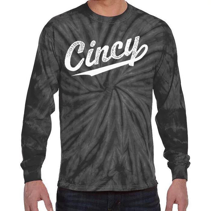 Retro Cincy Cincinnati Ohio Vintage Cursive Script Throwback Tie-Dye Long Sleeve Shirt