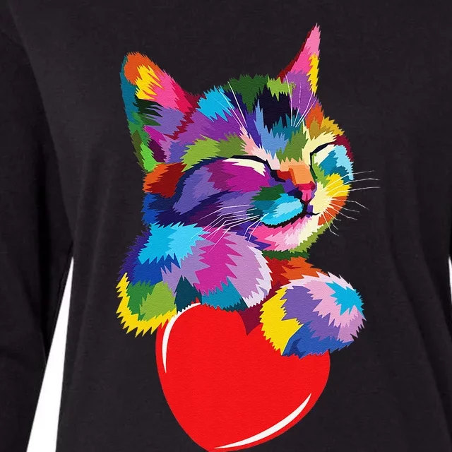 Rainbow Cute Cat Hugging Heart Kitty Love Cat Womens Cotton Relaxed Long Sleeve T-Shirt