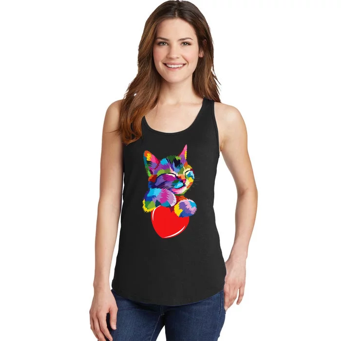 Rainbow Cute Cat Hugging Heart Kitty Love Cat Ladies Essential Tank