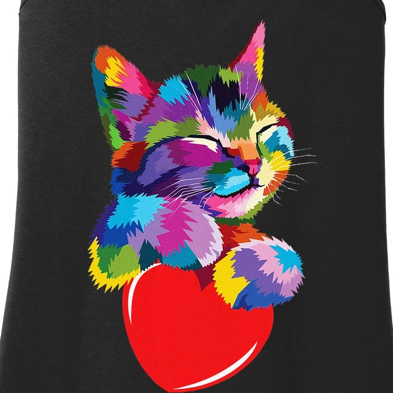 Rainbow Cute Cat Hugging Heart Kitty Love Cat Ladies Essential Tank