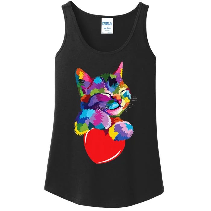 Rainbow Cute Cat Hugging Heart Kitty Love Cat Ladies Essential Tank