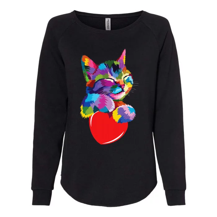 Rainbow Cute Cat Hugging Heart Kitty Love Cat Womens California Wash Sweatshirt