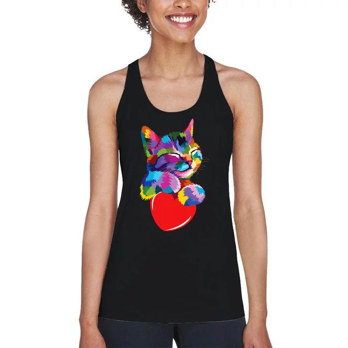 Rainbow Cute Cat Hugging Heart Kitty Love Cat Women's Racerback Tank