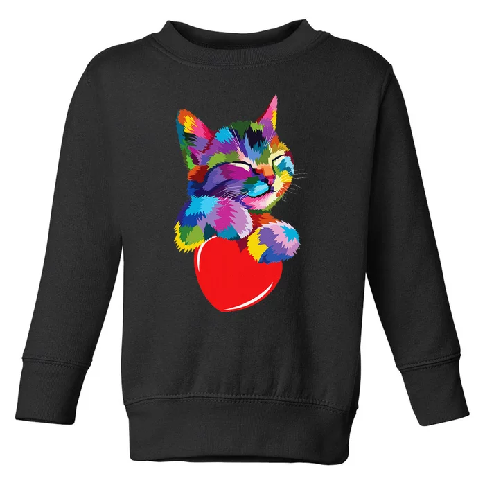 Rainbow Cute Cat Hugging Heart Kitty Love Cat Toddler Sweatshirt