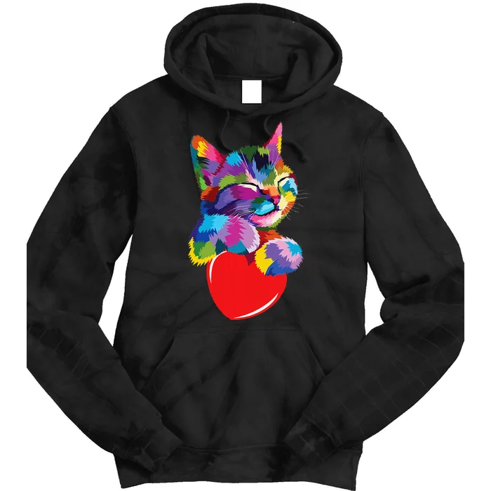 Rainbow Cute Cat Hugging Heart Kitty Love Cat Tie Dye Hoodie