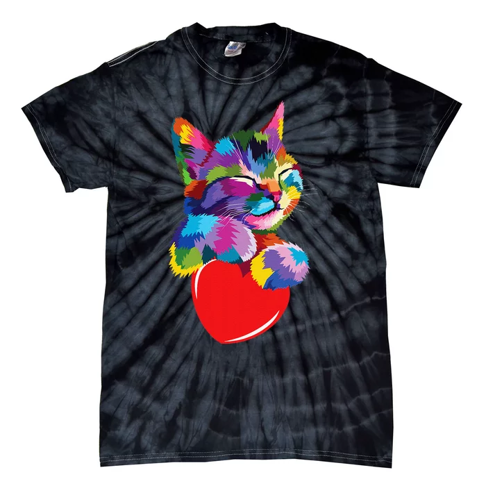 Rainbow Cute Cat Hugging Heart Kitty Love Cat Tie-Dye T-Shirt