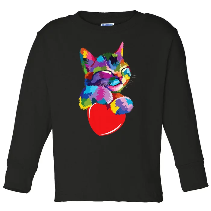 Rainbow Cute Cat Hugging Heart Kitty Love Cat Toddler Long Sleeve Shirt