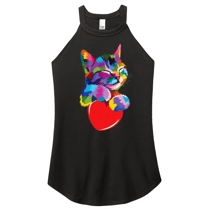 Rainbow Cute Cat Hugging Heart Kitty Love Cat Women’s Perfect Tri Rocker Tank