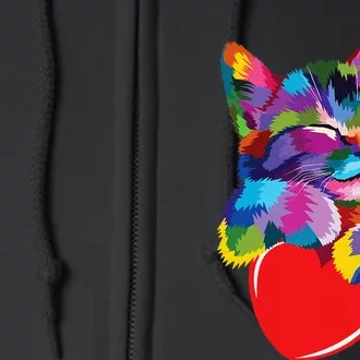 Rainbow Cute Cat Hugging Heart Kitty Love Cat Full Zip Hoodie