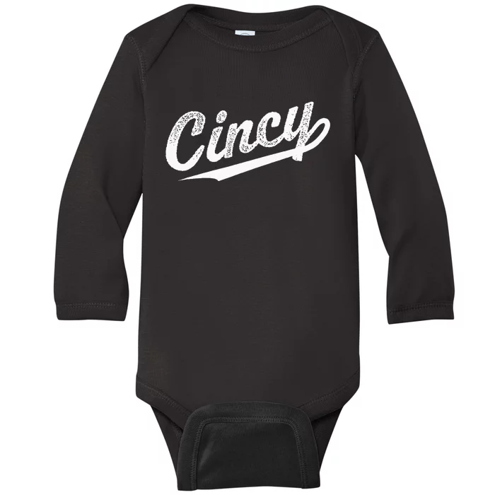 Retro Cincy Cincinnati Ohio Vintage Cursive Script Throwback Baby Long Sleeve Bodysuit